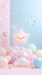 A single glowing star forming into a radiant smile amidst a pastel cosmic background, creating a serene and dreamy atmosphere