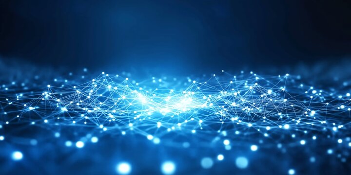 Minimalistic network of light blue nodes connected by sharp lines, set on a navy blue background with high-tech futuristic design and cinematic depth of field.
