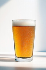 A transparent glass of chilled golden beer with a foamy head and visible condensation, placed against a bright minimalist background.