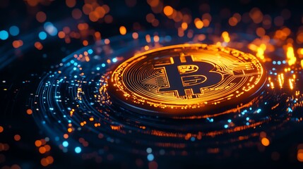 Shiny bitcoin coin with glowing background.