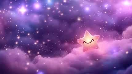 Naklejka premium A single glowing star forming into a radiant smile amidst a pastel cosmic background, creating a serene and dreamy atmosphere