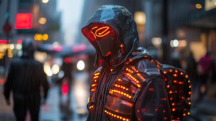 Cyberpunk inspired fashion with LED infused designs on a rainy street