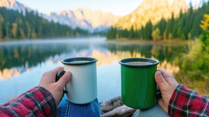 Obraz premium Cozy Morning Coffee by the Lake Amidst Nature's Breathtaking Scenery