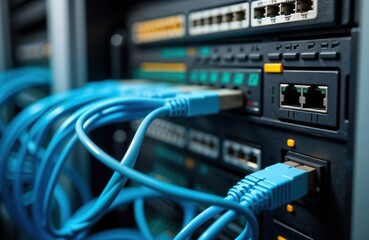 Blue network cables connected to optic ports, ethernet ports in server room. Modern communication equipment. High-speed data exchange. Business tech, datacenter concept. Modern networking. Digital