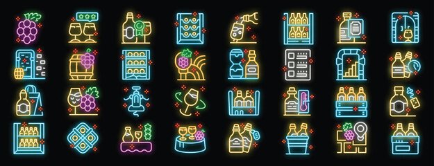 Explore the world of wine with this vibrant neon icon set, showcasing winemaking, storage, tasting, and vineyard elements