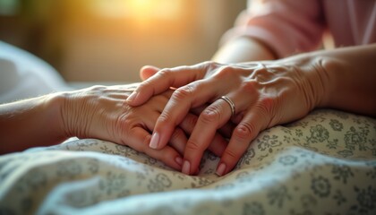 Tender hands intertwine in comforting embrace. Grandmother, caregiver share moment of love, care in nursing setting. Gentle touch, support embody essence of compassionate end-of-life care. Warmth,