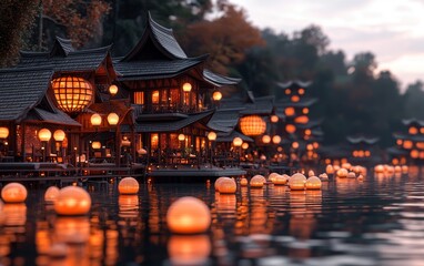 Obraz premium Illuminated Asian Architecture Water Lanterns Night Scene