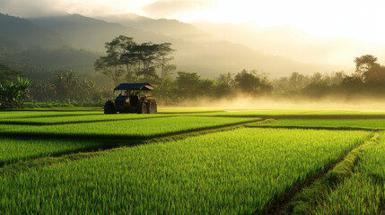 Fototapeta premium A tractor working in lush green rice fields at sunrise, showcasing agricultural life.