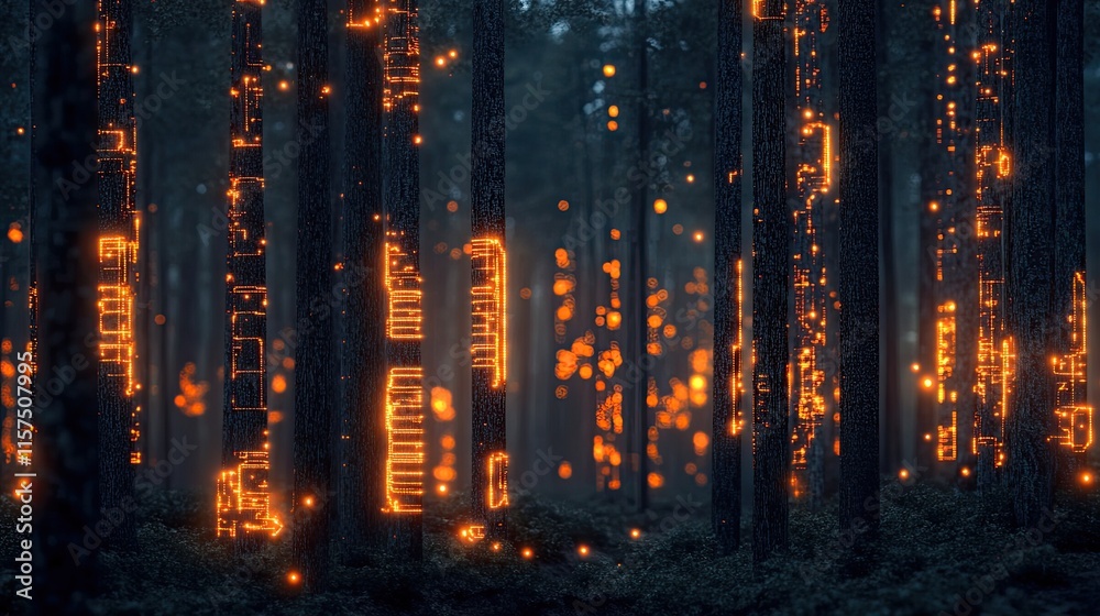 Aufkleber Digital forest where trees have glowing data circuits running through their bark