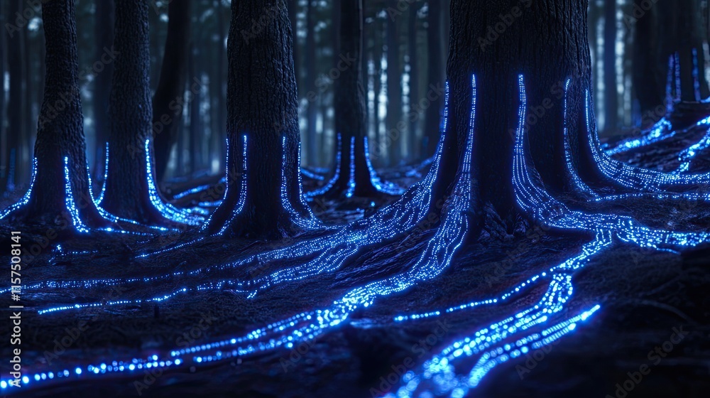 Aufkleber Digital forest where trees have glowing data circuits running through their bark