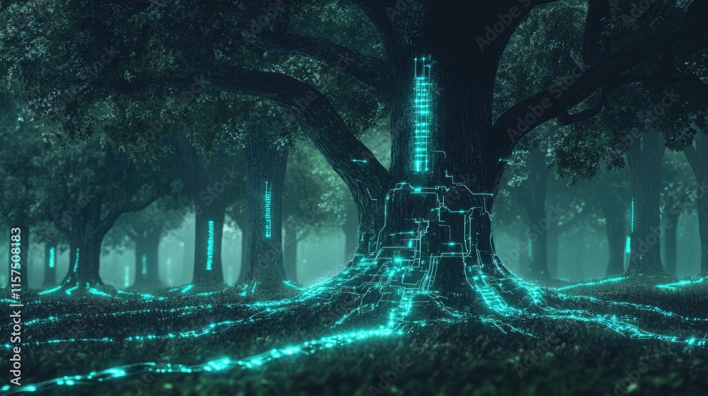 Aufkleber Digital forest where trees have glowing data circuits running through their bark