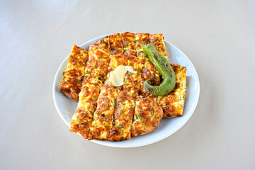 Kiymali pide. Turkish pide with minced meat. Turkish pizza mince pita Pide on white background. Etli ekmek. Kusbasi kasarli, kiymali kasarli, kiymali yumurtali, Bafra, Trabzon, Kusbasili pide.