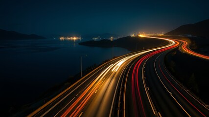 Obraz premium Scenic Highway Over Lake, Long Exposure Car Trails, Nighttime, Vibrant Colors