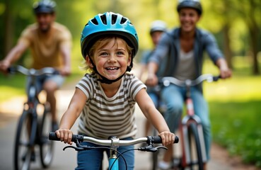 Naklejka premium Happy family cycles in park on sunny day. Children laugh, enjoy. Parents ride bikes with joy. Wearing helmets. Family activity. Active lifestyle. Scenic environment. Outdoor recreation. Weekend fun.