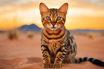 Obraz premium Portrait of a happy bengal cat on backdrop of desert dunes