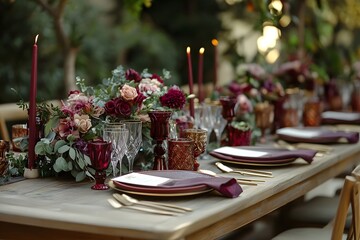 Elegant Burgundy Wedding Table Setting With Candles