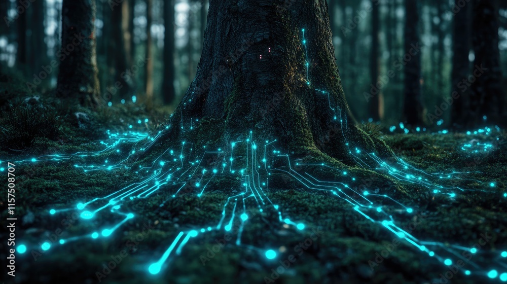 Poster digital forest where trees have glowing data circuits running through their bark