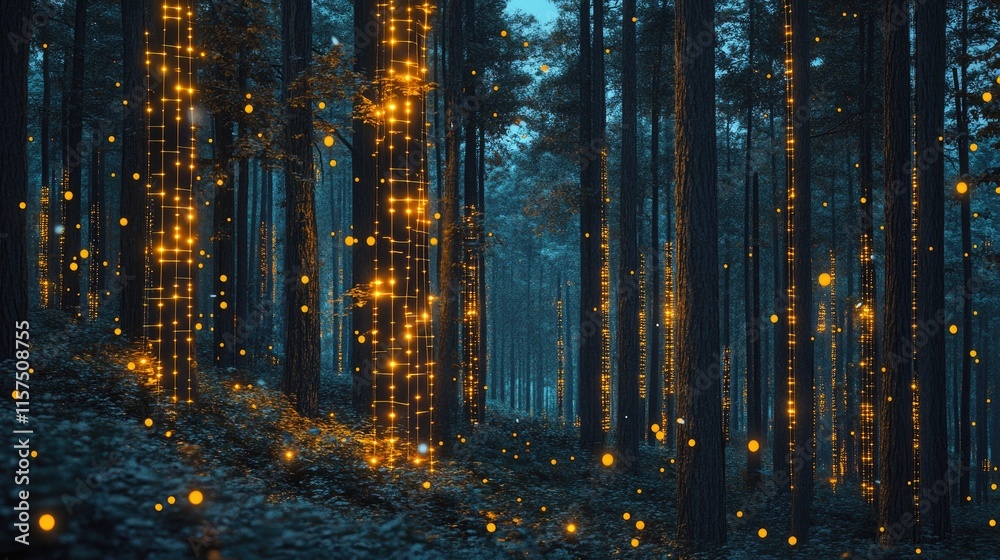 Aufkleber Digital forest where trees have glowing data circuits running through their bark