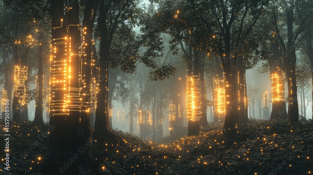 Poster digital forest where trees have glowing data circuits running through their bark