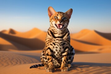 Obraz premium Portrait of a happy bengal cat over backdrop of desert dunes