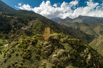Beautiful aerial view of the mountain gorge. Landscape and nature of the North Caucasus