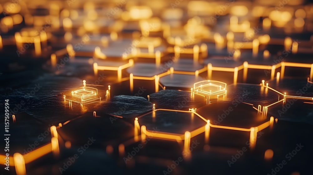 Poster dynamic hexagonal patterns with glowing edges abstract digital art technology concept dark environme