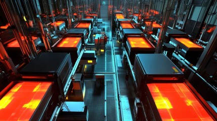 Obraz premium An overhead angle capturing multiple conveyor belts laden with products being analyzed by overhead mounted scanners that use thermal imaging to check for quality compliance.