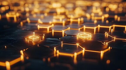 Obraz premium Dynamic hexagonal patterns with glowing edges abstract digital art technology concept dark environment close-up view