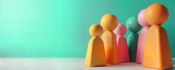 Colorful stylized figures in row. Abstract figures in pastel colors. Simple design. Ideal for brand awareness campaigns. Target audience analysis concept. Demographic insights. Effective consumer