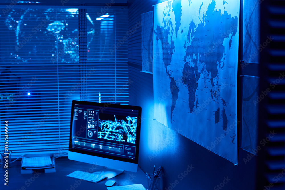 Leinwandbilder map hanging on wall of military command center with computer monitor standing on workplace of securi