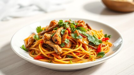 Spicy Pork Noodle Salad - Asian Fusion Cuisine, Delicious Instant Noodle Dish, Mouthwatering Plate, White Plate, Vibrant Colors, High Quality, Food Photography