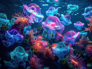 Obraz premium A surreal underwater composition with bioluminescent creatures emitting neon colors in a dark ocean