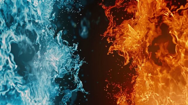 Ice vs fire in abstract art, a striking vs flowing design of cold water vs hot flame with a light vs dark contrast and a nature-inspired motion.
