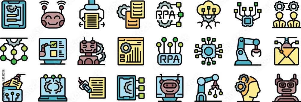 Poster icons depict various aspects of robotic process automation - rpa - , including software robots, auto