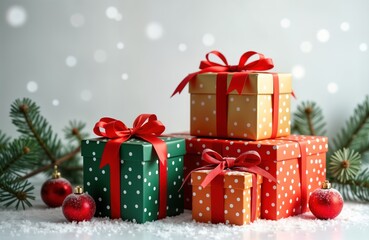 Christmas gift boxes stacked in snow. Pretty red ribbons, bows. Green, gold gift boxes with dots....