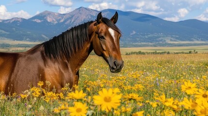 A brown horse stands in a vibrant field of yellow flowers with mountains in the background.