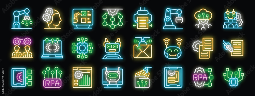 Poster neon icons representing various aspects of robotic process automation, including ai, machine learnin