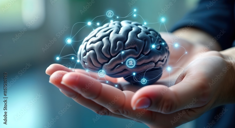 Fototapete hand holds 3d model of brain with glowing digital network connections. futuristic concept of intelli