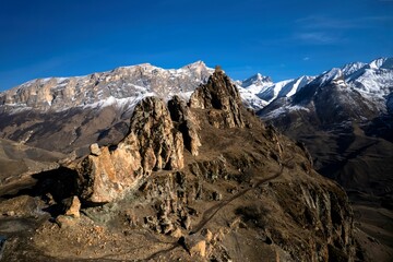 Beautiful aerial view of a mountain range with high cliffs. Landscape and nature of the North Caucasus