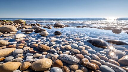The rocky coastline of the ocean at sunrise, with waves crashing against the shore and a dramatic sky