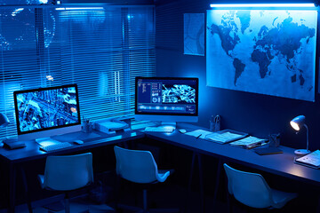 Desks with computer monitors with location data on screens standing along wall with map and window with venetian blinds