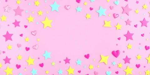Colorful Star and Heart Shapes on a Soft Pink Background Ideal for Celebratory Themes, Children’s Parties, or Creative Design Projects