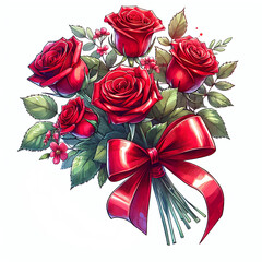 Red Roses Illustration, Valentines Day Flowers Bouquet