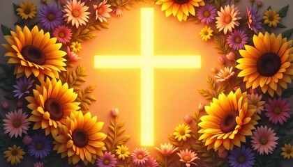Obraz premium Glowing cross framed by a wreath of sunflowers and daisies, with radiant sunbeams emphasizing the design