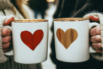 Two individuals are holding mugs filled with coffee that have charming heart designs on them, showcasing a warm sense of togetherness and affection. Valentine’s day