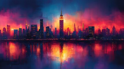 Fototapeta premium Colorful sunset illuminating the iconic skyline in a vibrant cityscape picture