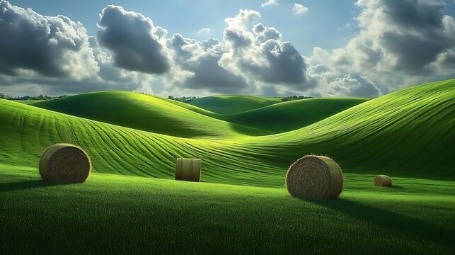 Golden hay bales dot a verdant summer  green field under a vast blue sky, a picturesque scene of rural agriculture
