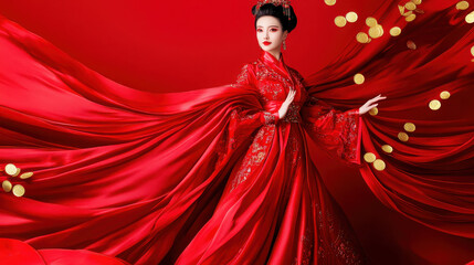 Obraz premium A woman in a flowing red dress poses against a vibrant red backdrop, celebrating cultural elegance.