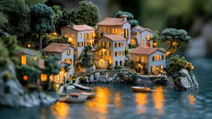 Obraz premium Enchanting Miniature Coastal Village at Night Illuminated Houses Boats Trees