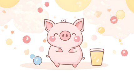 Happy Piglet Enjoys Bubbles and Drink
